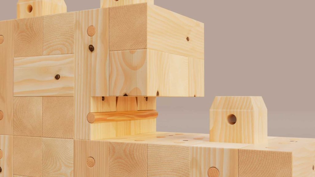 Darstellung der Zusammensetzung und der Verriegelung der TRIQBRIQ Holzsystembauweise